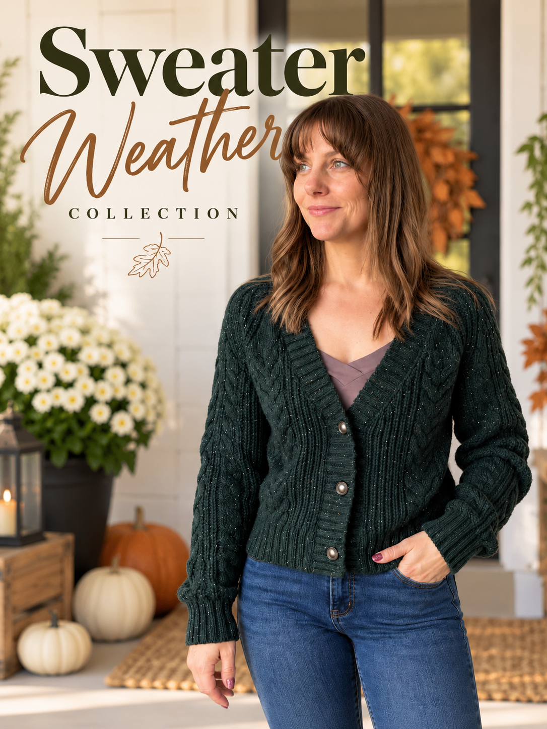 Sweater Weather Collection. Woman wearing forest green cardigan cable knit sweater and blue jeans on festive fall porch.