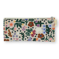 A rectangular zippered pouch with a cream-colored background and a colorful, whimsical floral and botanical pattern. The pattern features cacti, flowers, leaves, and small animals in green, pink, orange, purple, and blue.