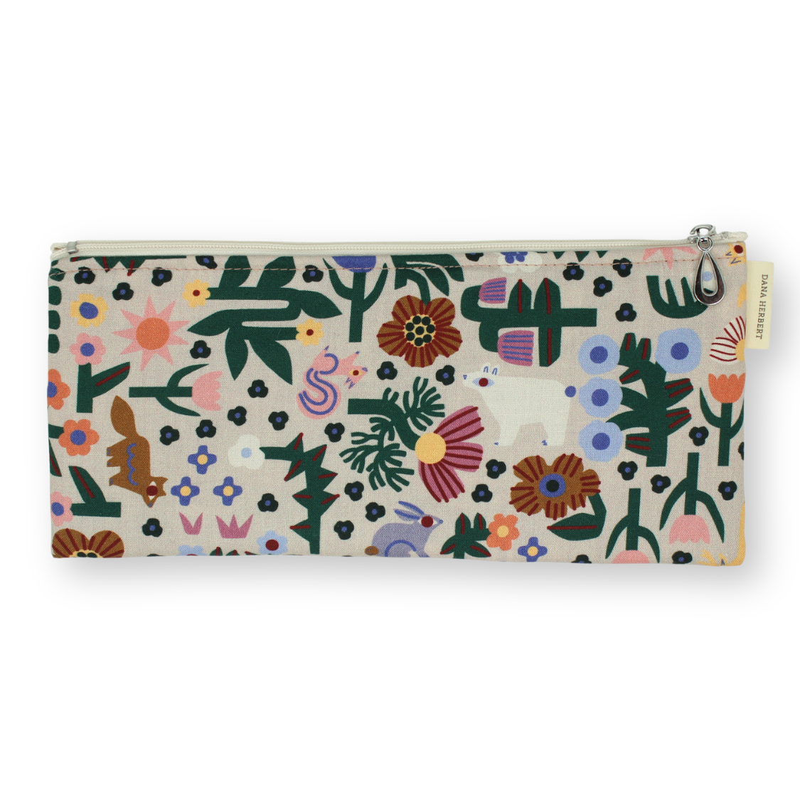 A rectangular zippered pouch with a cream-colored background and a colorful, whimsical floral and botanical pattern. The pattern features cacti, flowers, leaves, and small animals in green, pink, orange, purple, and blue.