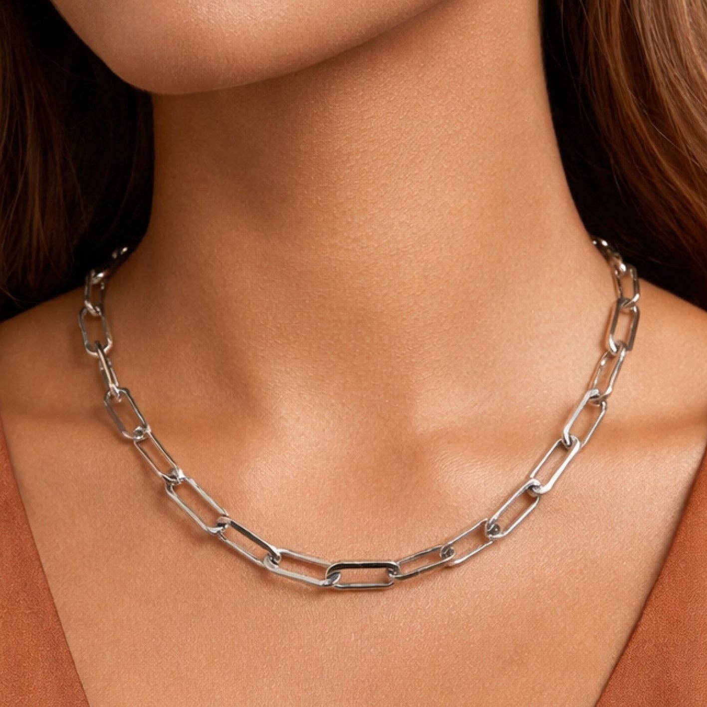 Chunky Paperclip Chain Silver Waterproof Stainless Steel Necklace