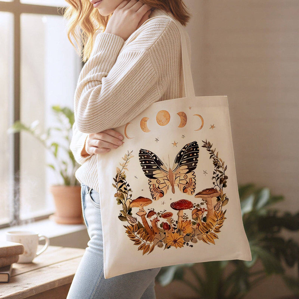 Butterfly and Moon Zippered Canvas Tote Bag