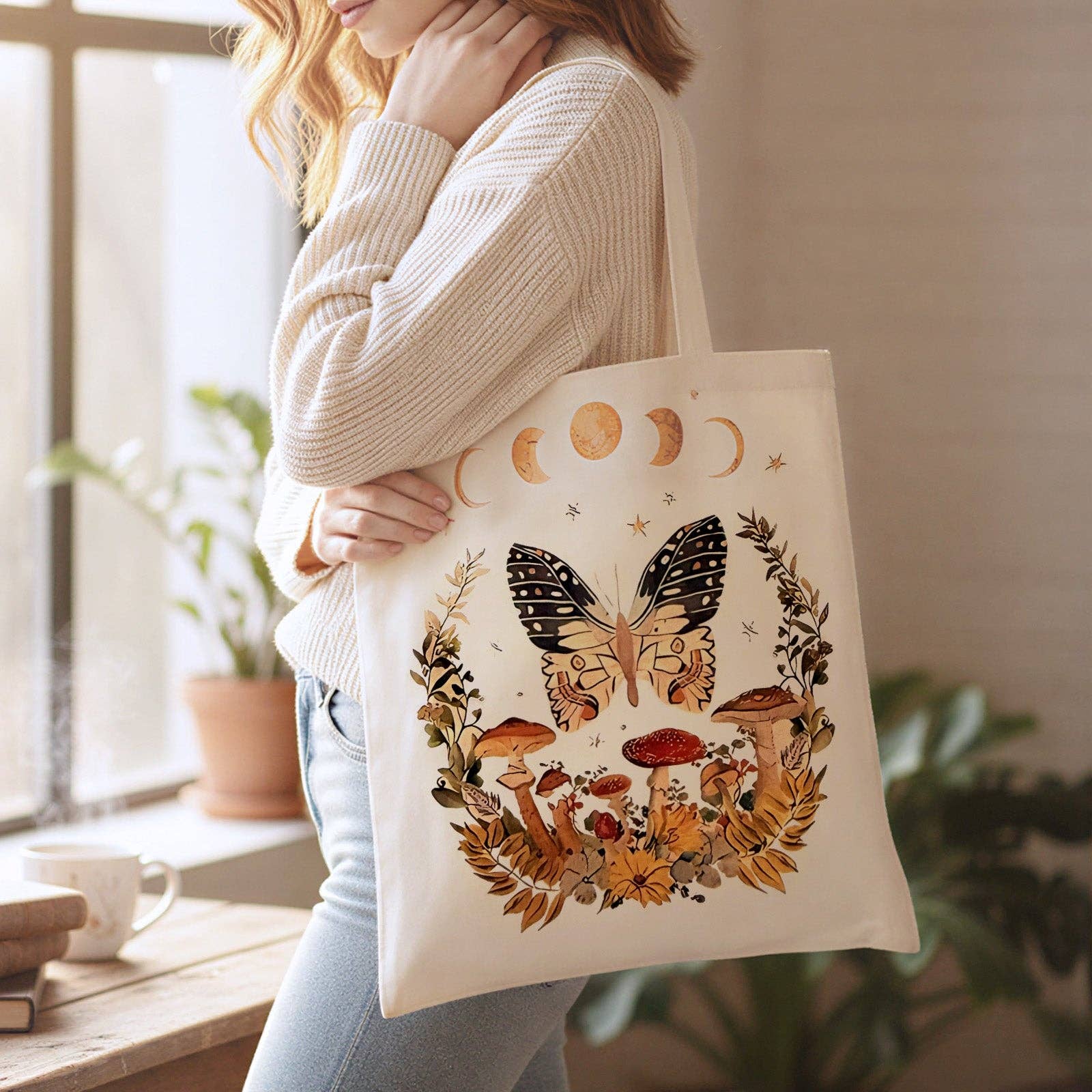 Butterfly and Moon Zippered Canvas Tote Bag