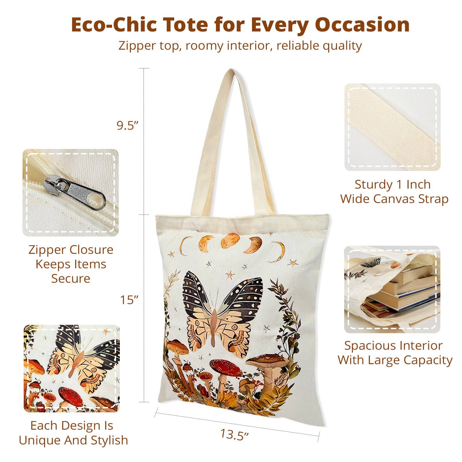 Eco-chic tote bag with butterfly design, features, and measurements on a white background
