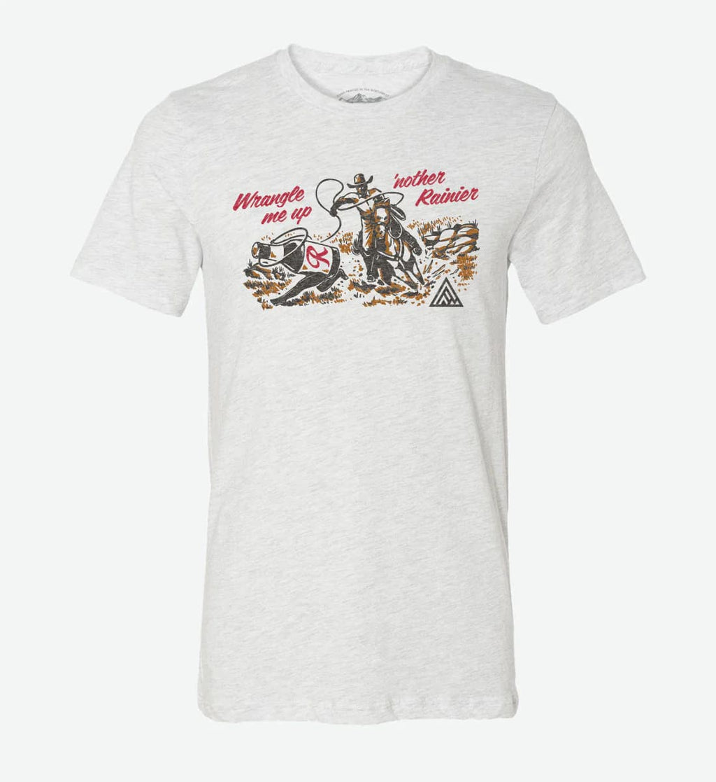 Gray t-shirt with a graphic design of a cowboy and text on a white background