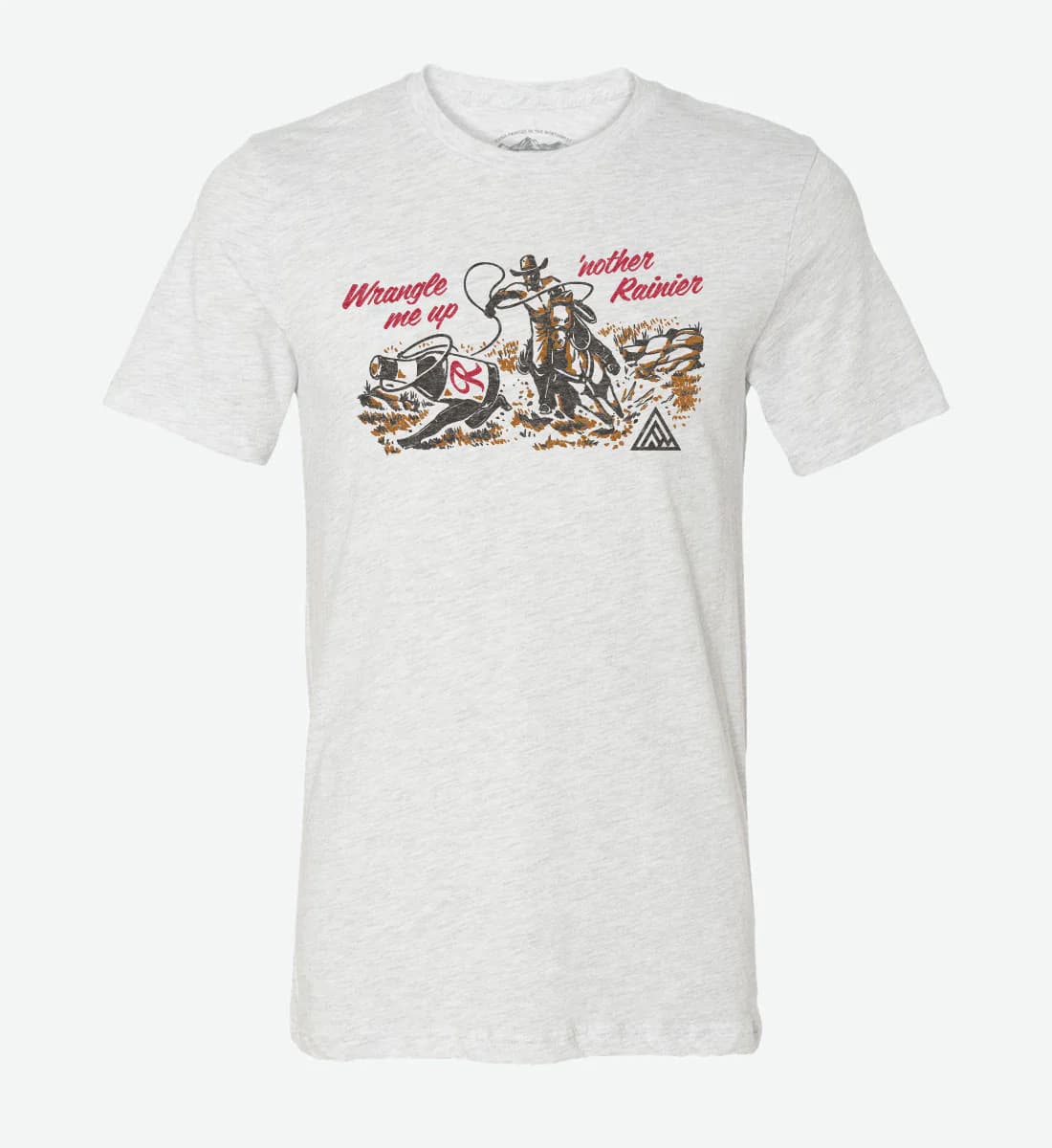 Gray t-shirt with a graphic design of a cowboy and text on a white background