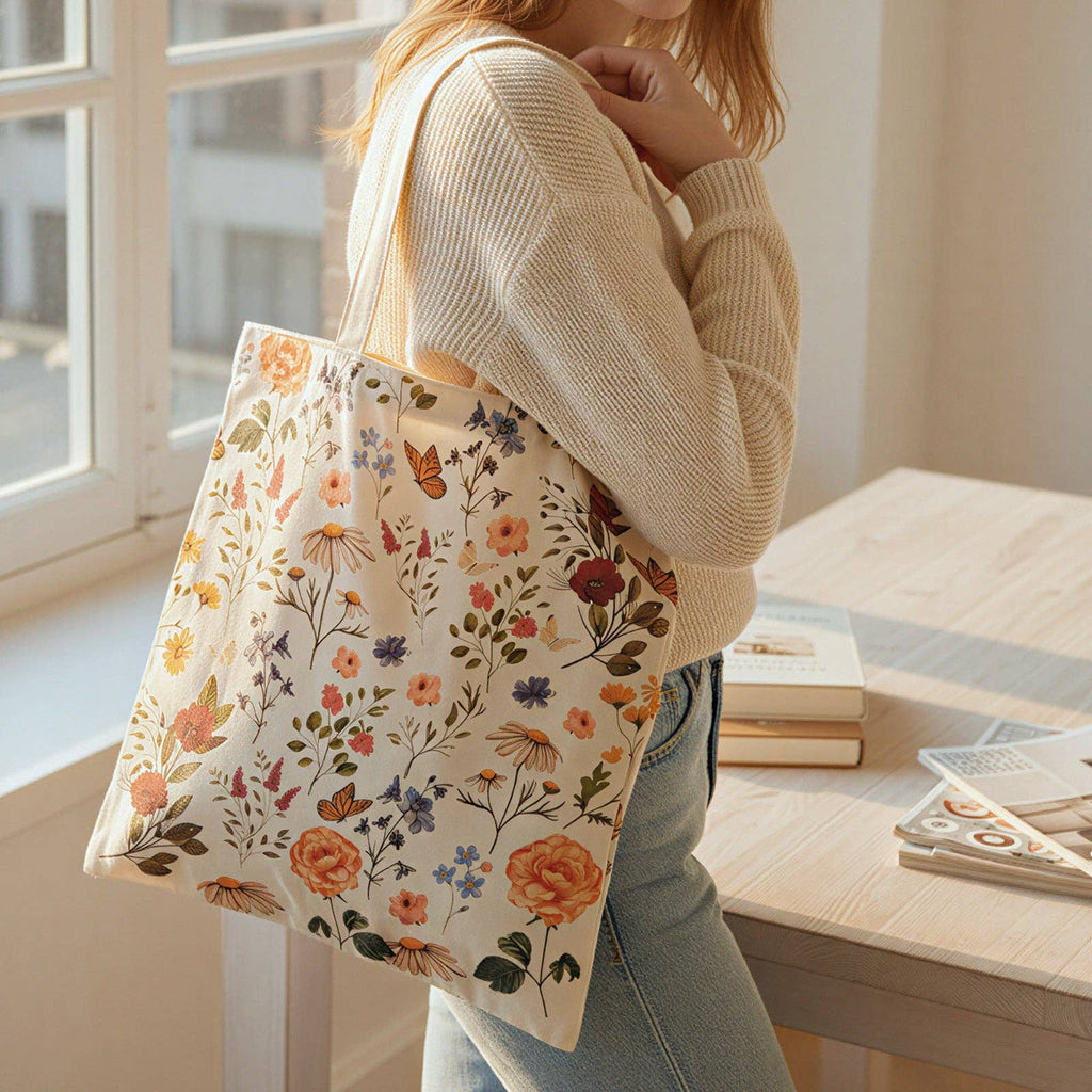 Person holding a floral tote bag in a bright room with a desk and books.