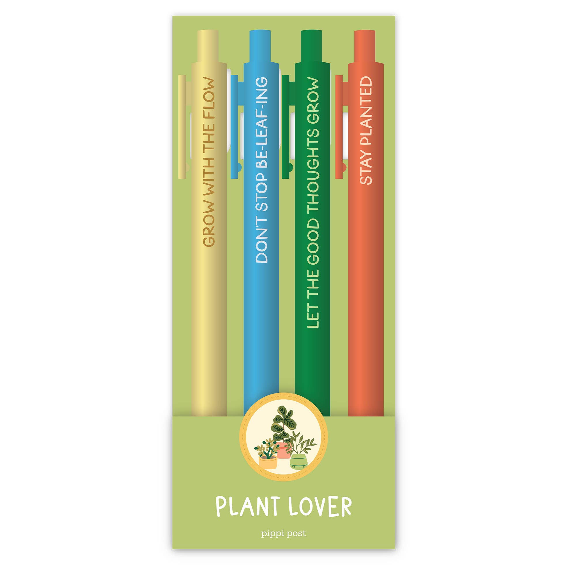 Set of four pens with motivational phrases in a green packaging labeled 'Plant Lover'.