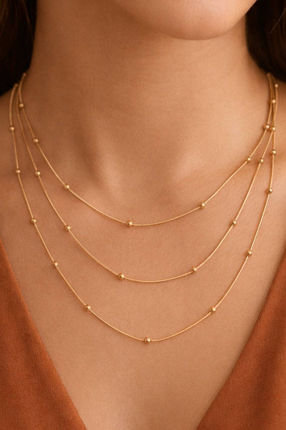 18K Gold Plated Multi Strand Stainless Steel Ball Necklace