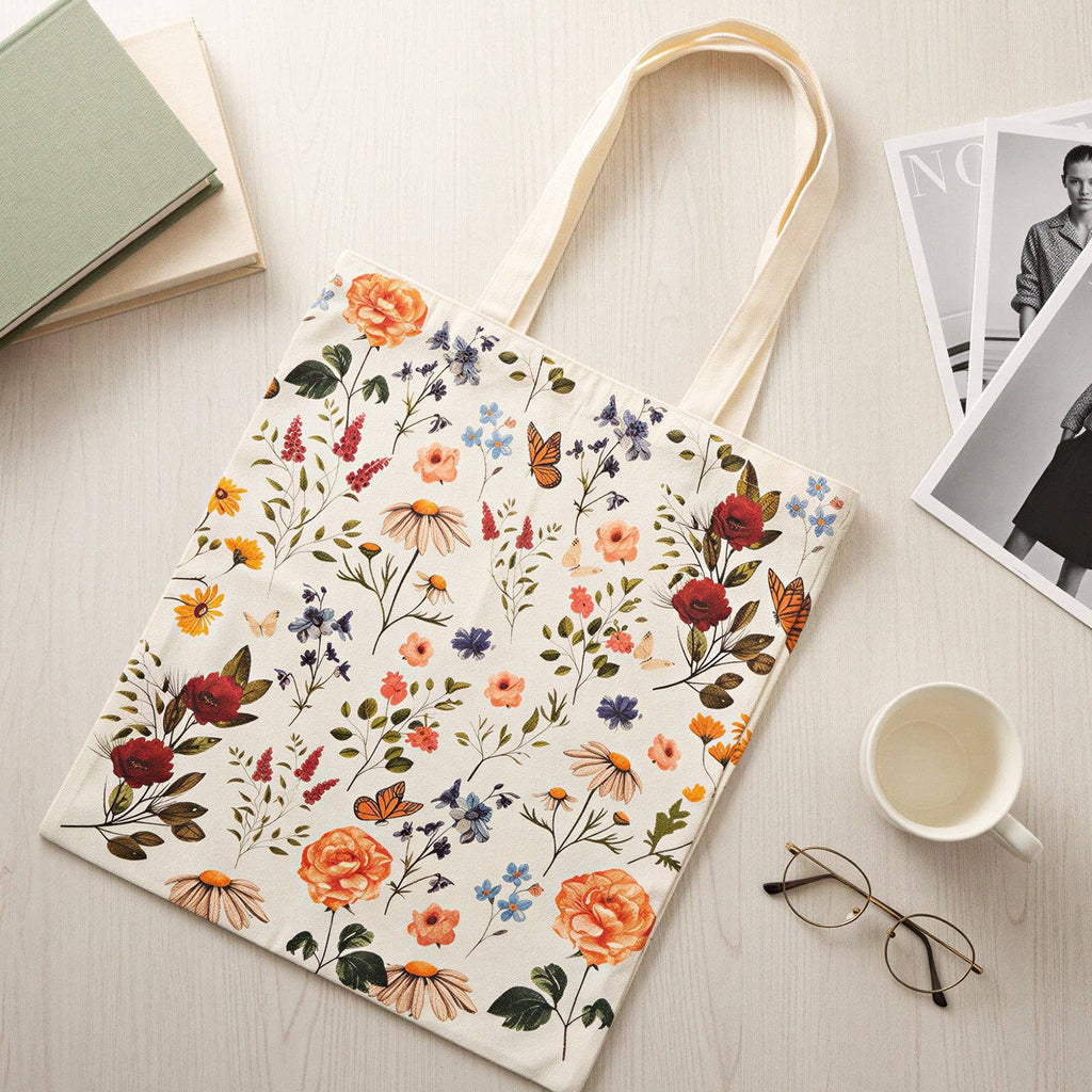 Floral-patterned tote bag on a light wooden surface with a cup and glasses.