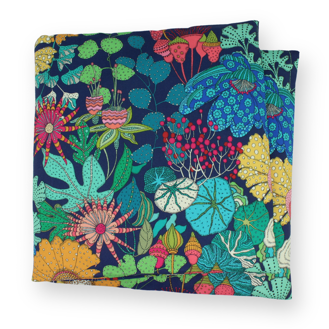 Large aromatherapy hot or cold wrap featuring a dense, colorful botanical pattern on a dark navy blue background. The pattern includes stylized leaves, flowers, and berries in shades of green, teal, yellow, pink, and red, with some elements showing a dotted texture.