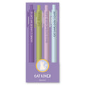 Set of pens with cat-themed text on a purple card, featuring the brand 'pippi post'.