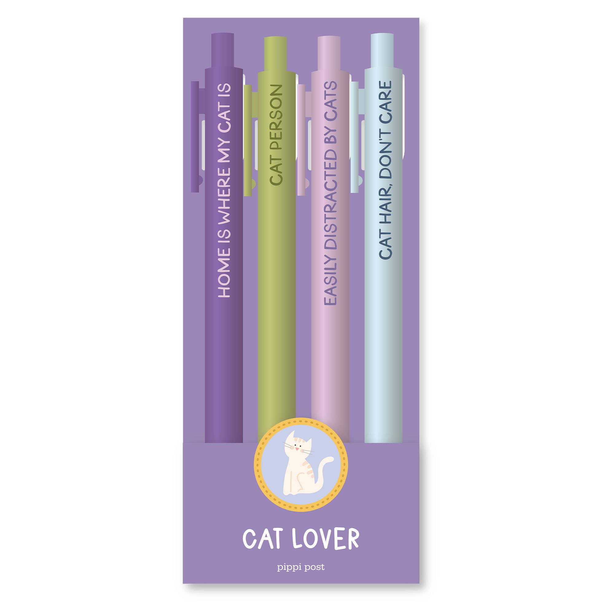 Set of pens with cat-themed text on a purple card, featuring the brand 'pippi post'.