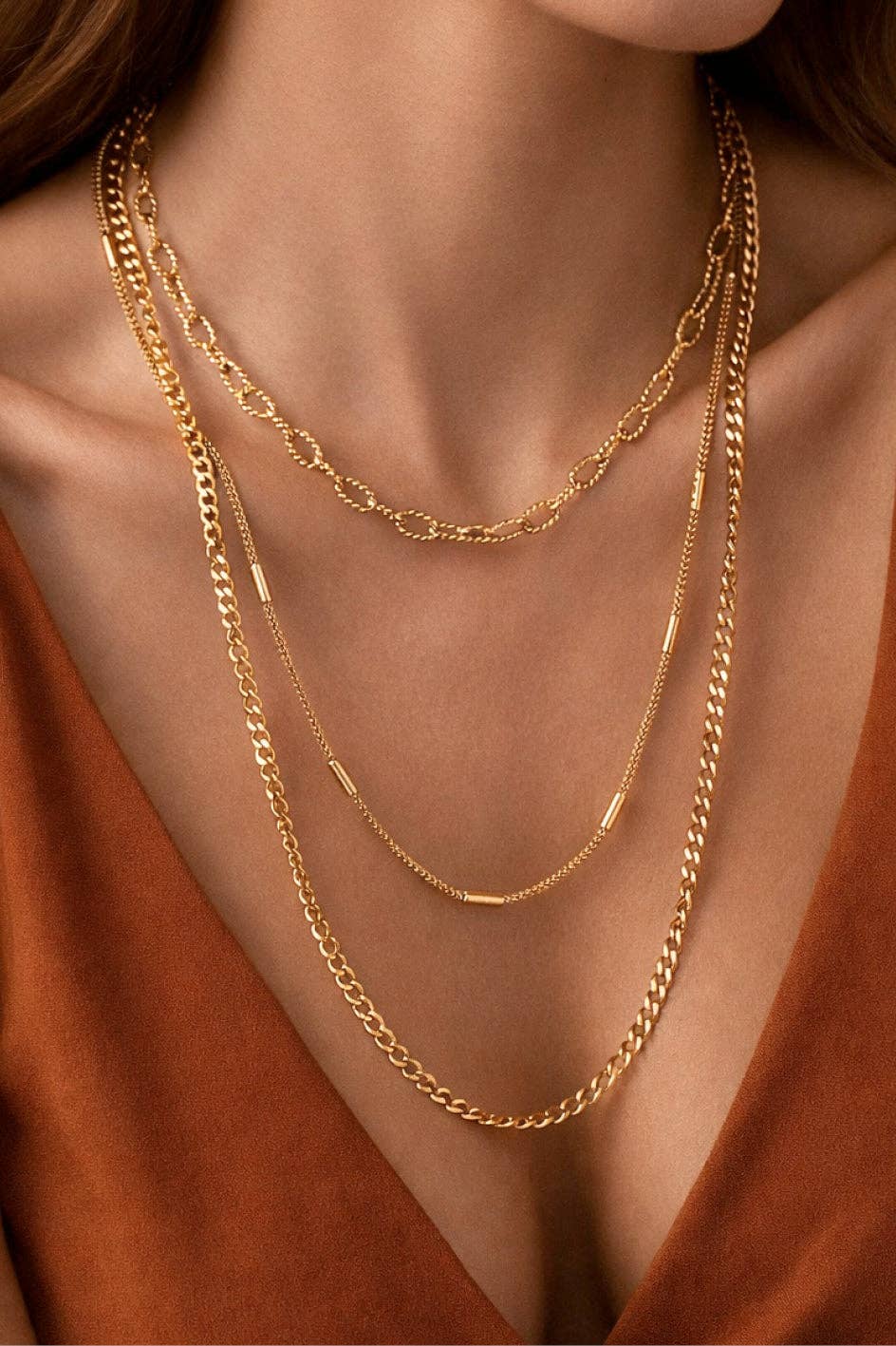 Triple Layer Chunky Chain 18K Gold PVD Plated Waterproof Stainless Steel Necklace