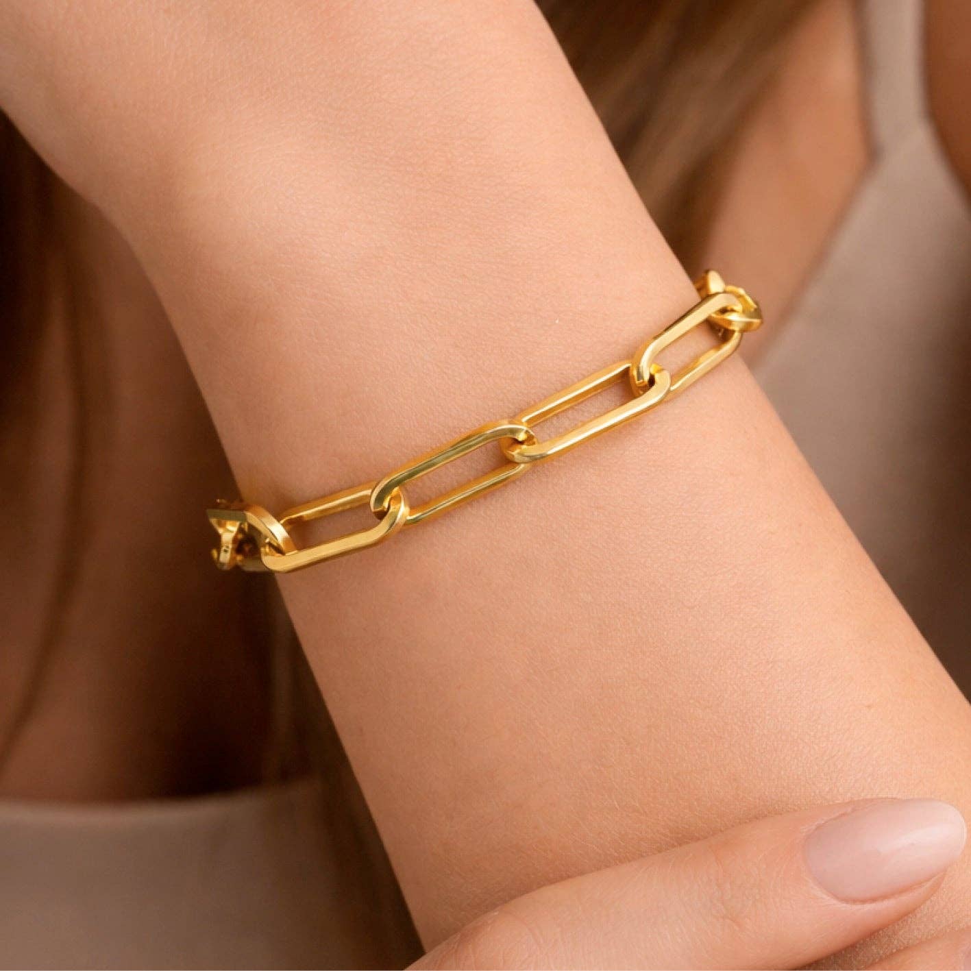 Paperclip Chain Link 18K Gold PVD Plated Waterproof Stainless Steel Chain Bracelet