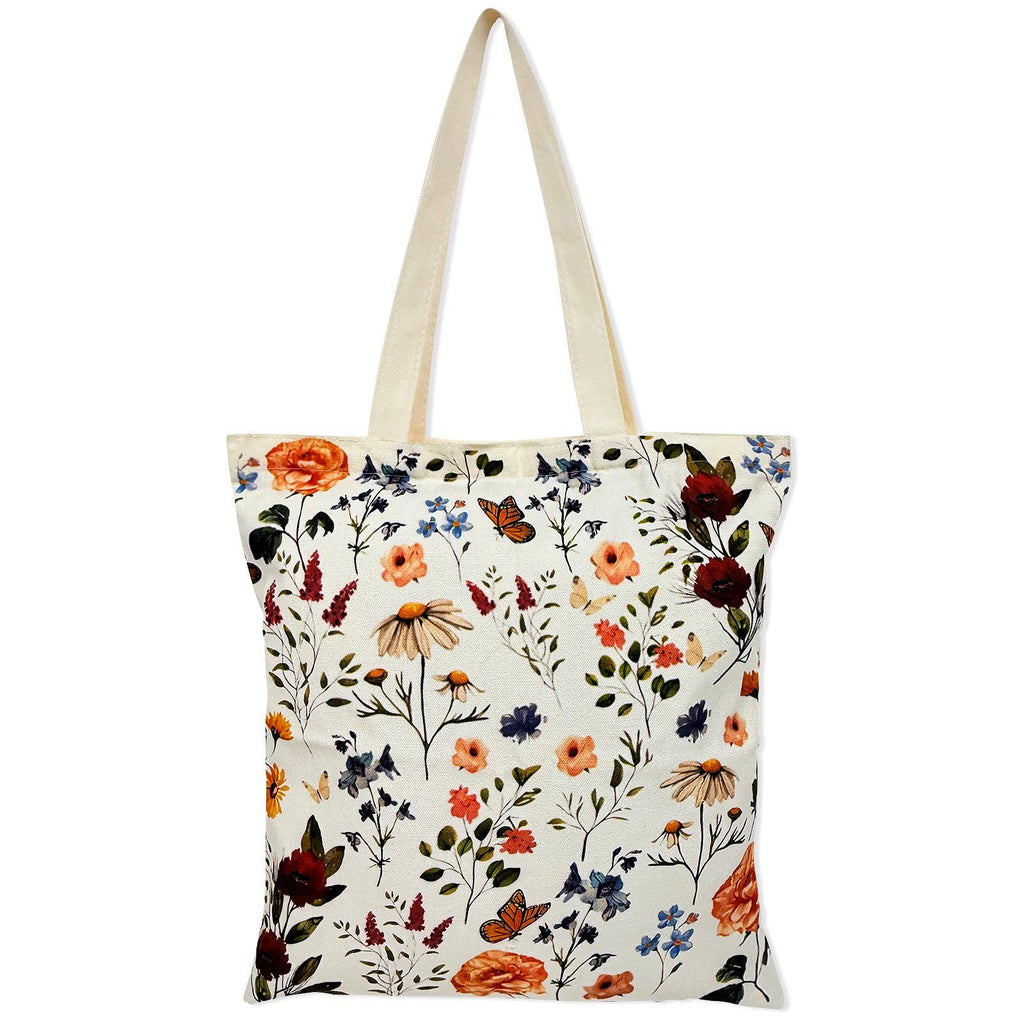 Floral tote bag with colorful flowers and butterflies on a white background