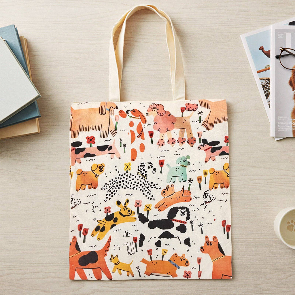Tote bag with dog pattern on a wooden surface