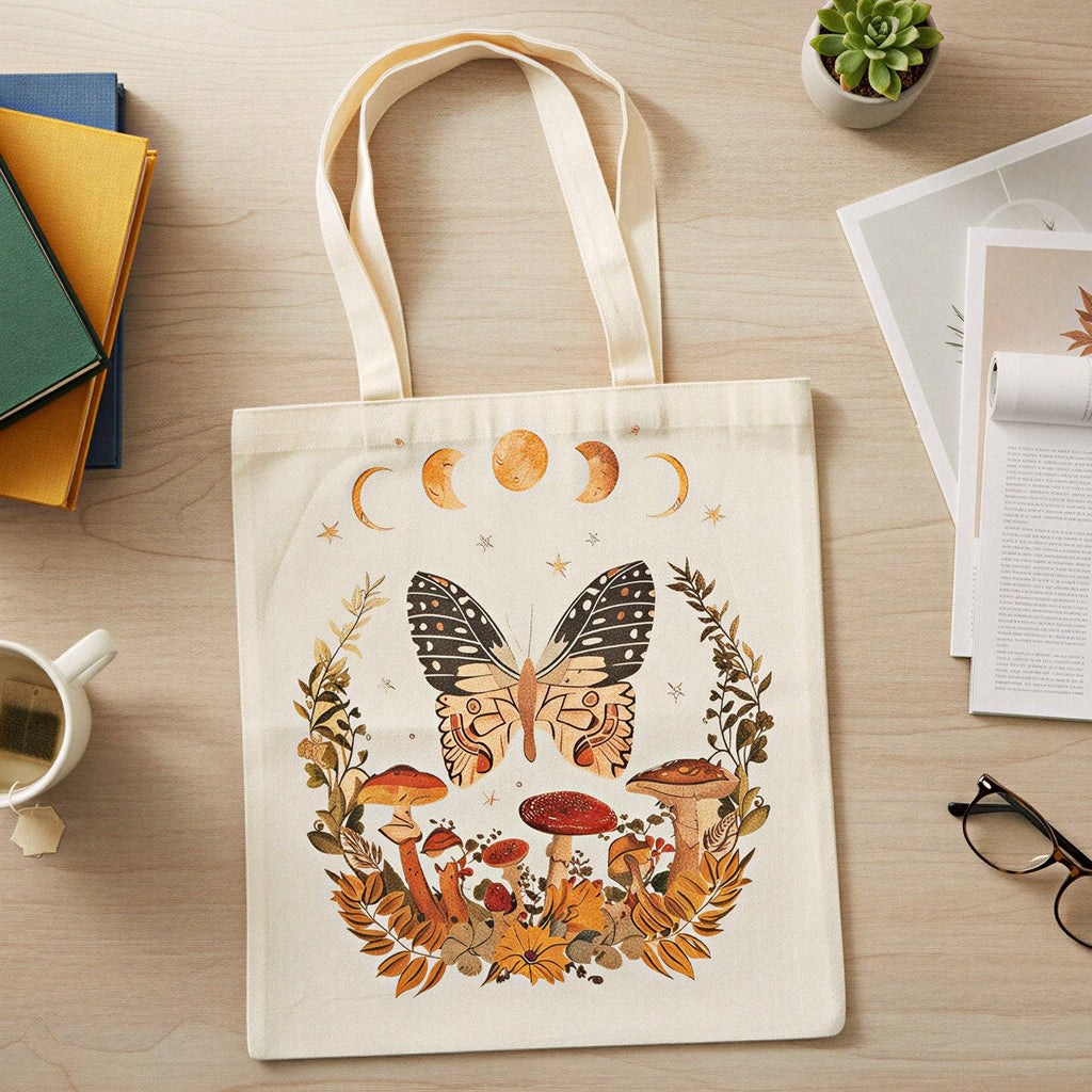 Tote bag with butterfly and mushroom design on a wooden surface with books and a plant.