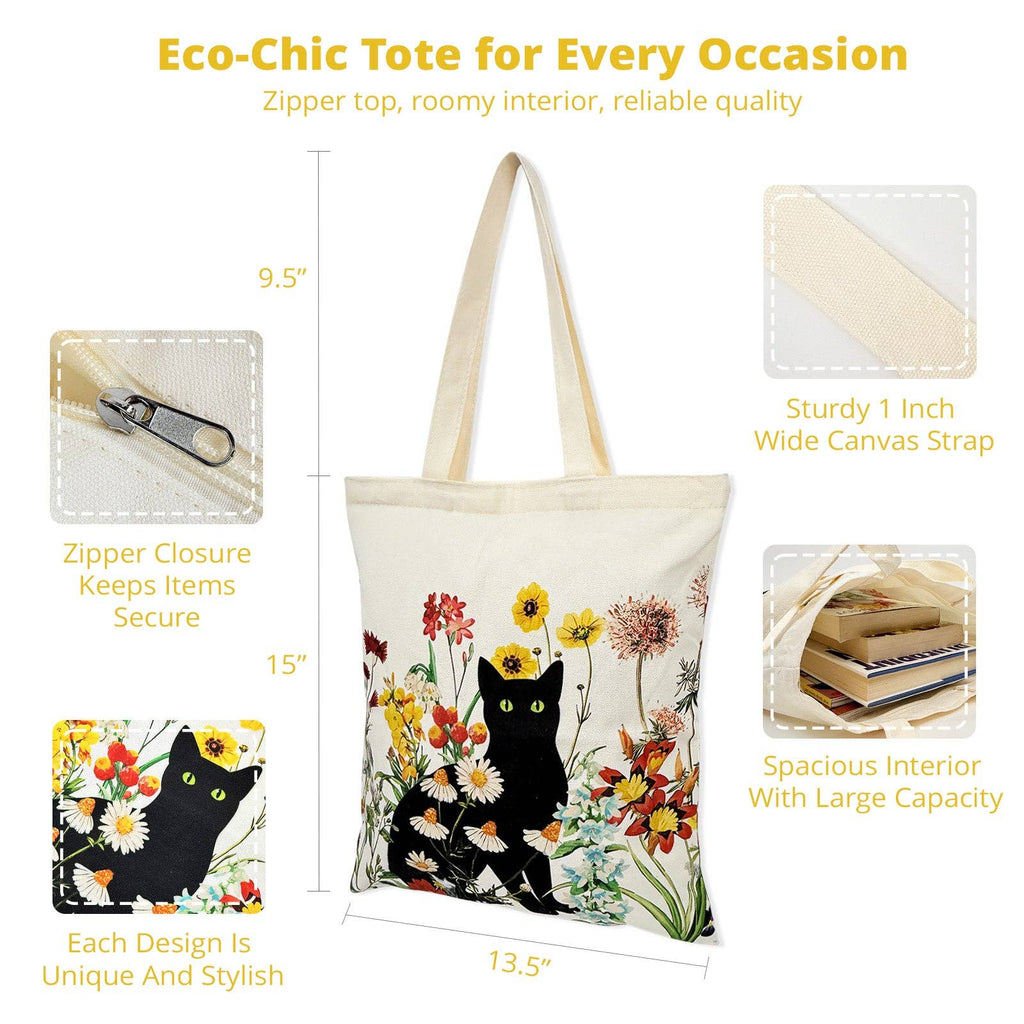 Eco-chic tote bag with a cat and floral design, featuring measurements and product features.