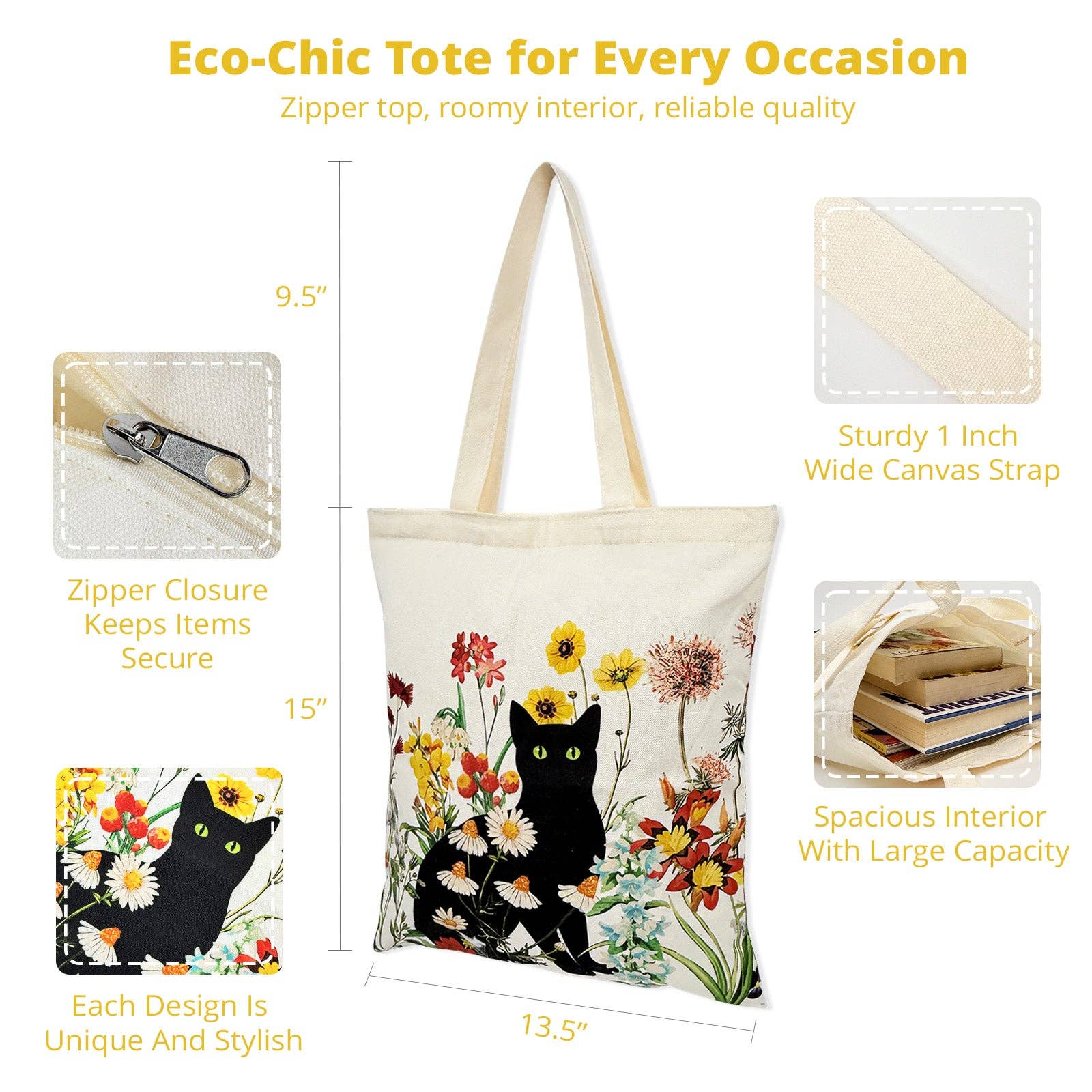Eco-chic tote bag with a cat and floral design, featuring measurements and product features.