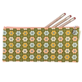 A rectangular zipper pouch with a retro-style floral pattern in olive green, yellow, pink, and light blue, shown on a light gray wood background with three pencils tucked inside.