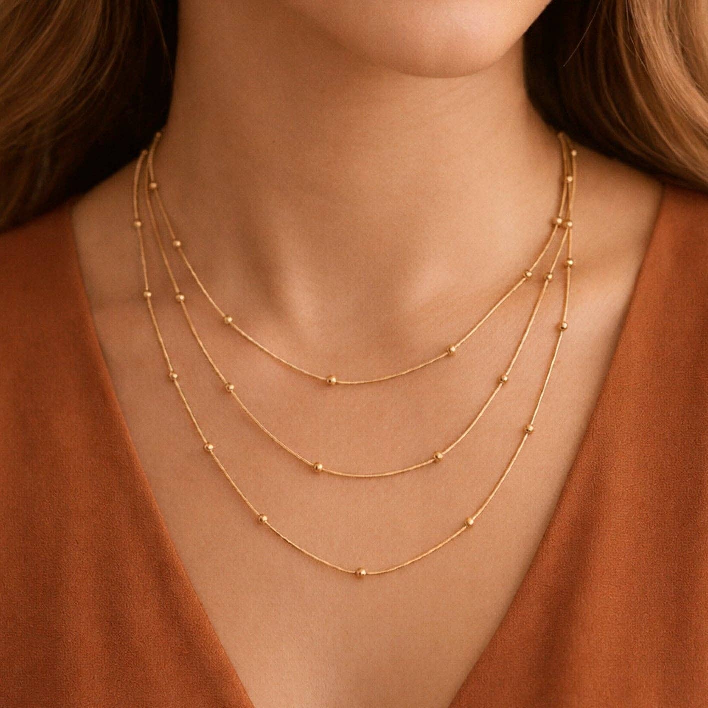 18K Gold Plated Multi Strand Stainless Steel Ball Necklace