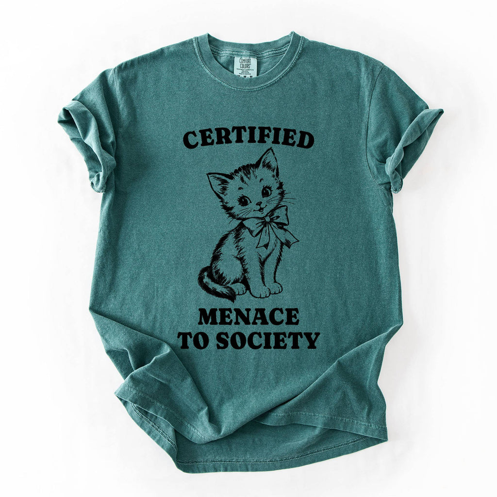 A teal short-sleeve t-shirt with a black graphic of a kitten wearing a bow tie and the text 'CERTIFIED MENACE TO SOCIETY' printed on the front, laid flat on a white background.