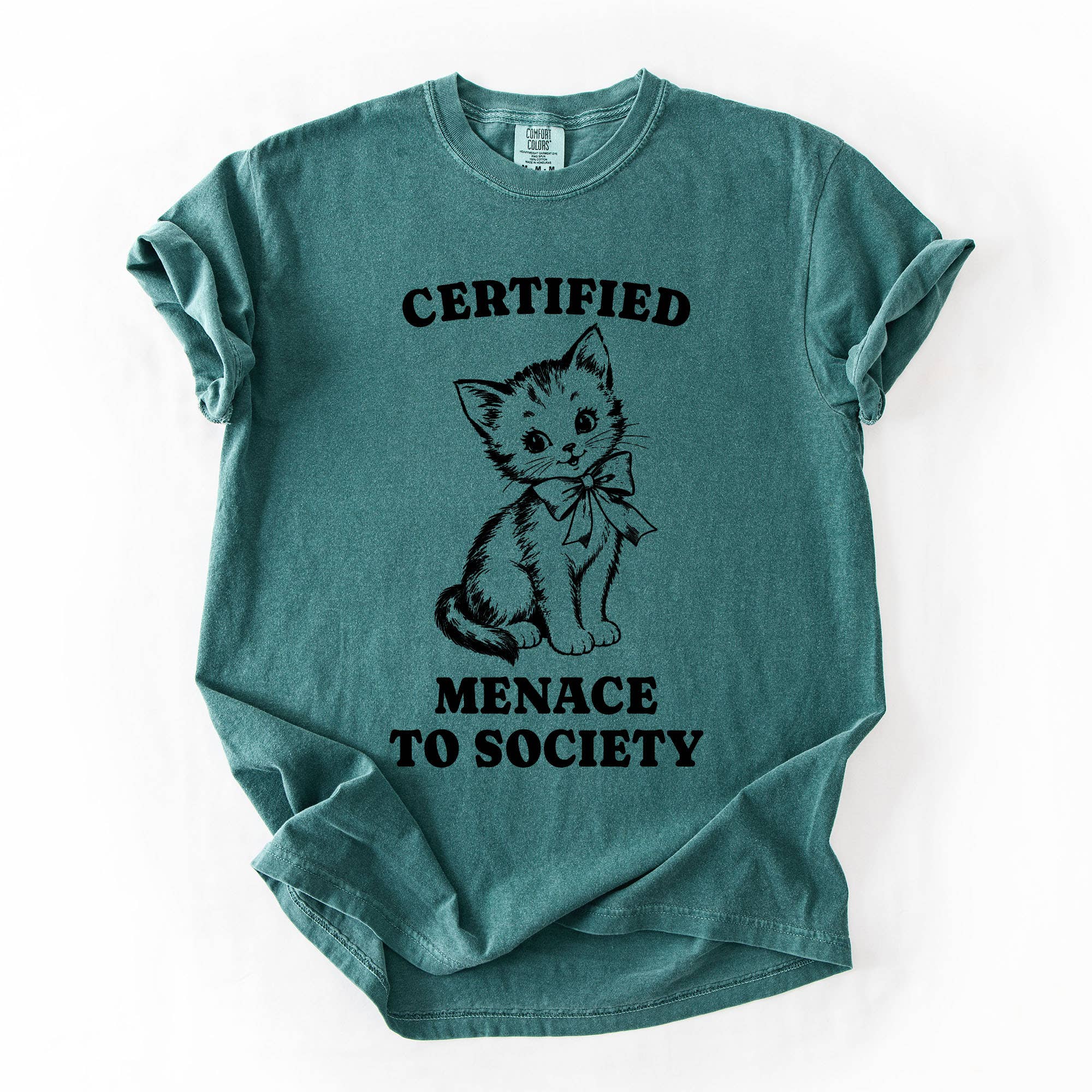 A teal short-sleeve t-shirt with a black graphic of a kitten wearing a bow tie and the text 'CERTIFIED MENACE TO SOCIETY' printed on the front, laid flat on a white background.