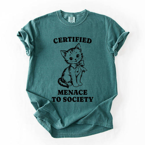 A teal short-sleeve t-shirt with a black graphic of a kitten wearing a bow tie and the text 'CERTIFIED MENACE TO SOCIETY' printed on the front, laid flat on a white background.