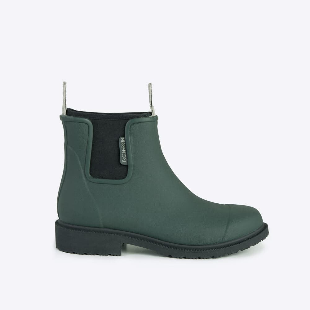 Forest green rubber boot with black neoprene lining and sole on a white background