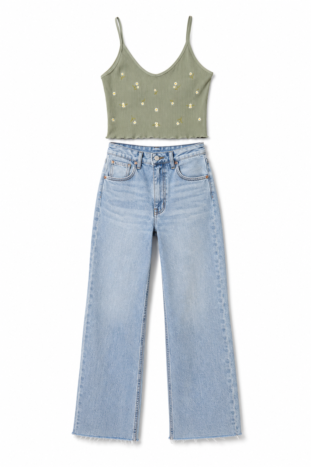 Green tank top with embroidered white daisy's and light blue jeans