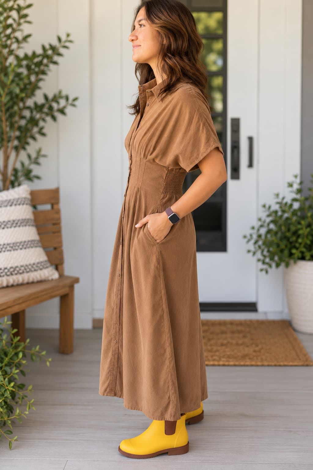 A woman wearing a brown short-sleeve midi dress with side pockets and bright yellow rain boots, standing on a porch.