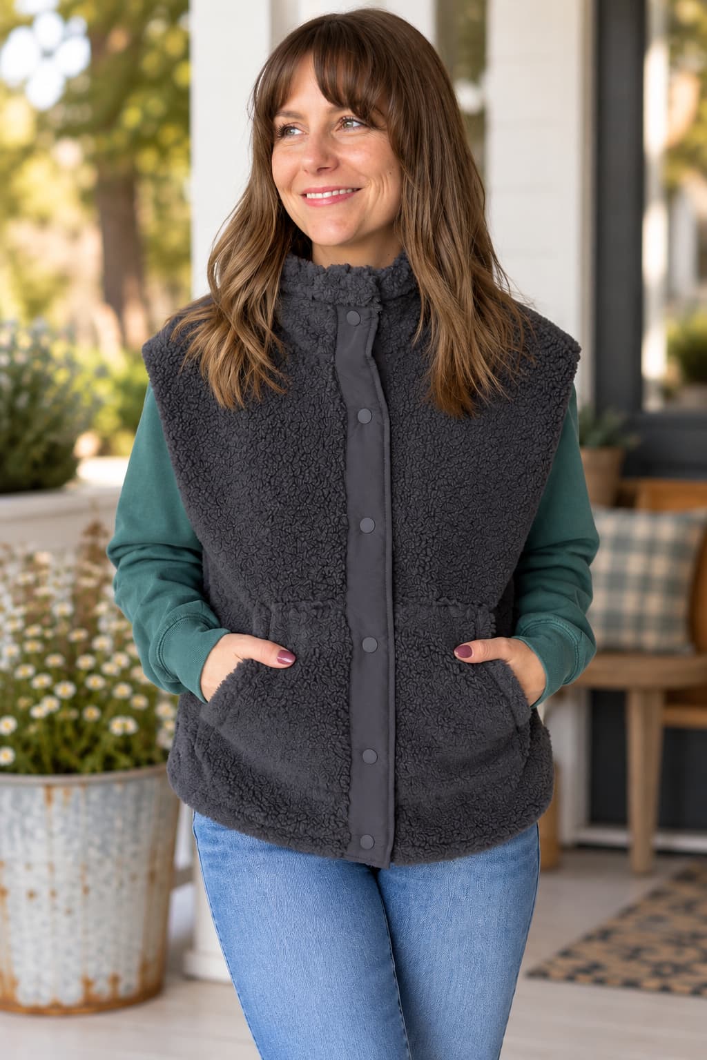 A woman wearing a dark gray sherpa fleece button-front vest over a teal long-sleeve shirt and blue jeans, standing on a porch with plants and furniture in the background.