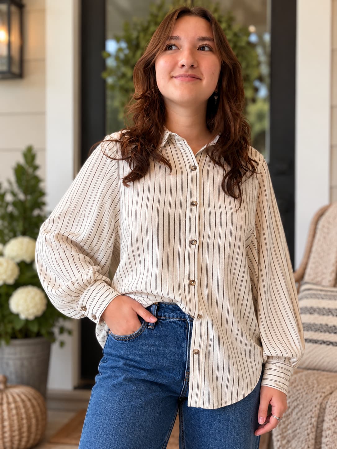 Hayden LA Taupe Pinstripe Button Up Shirt