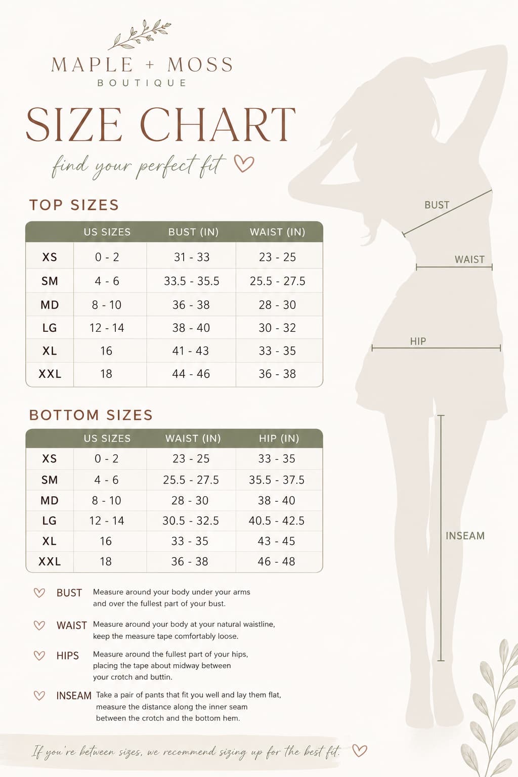 Size chart for clothing with a silhouette of a woman and measurement points.