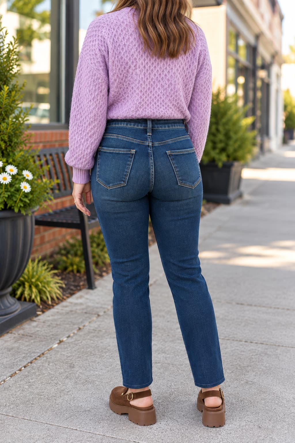 A woman viewed from behind wearing a lavender knit sweater and dark blue straight-leg jeans, standing on a city sidewalk.
