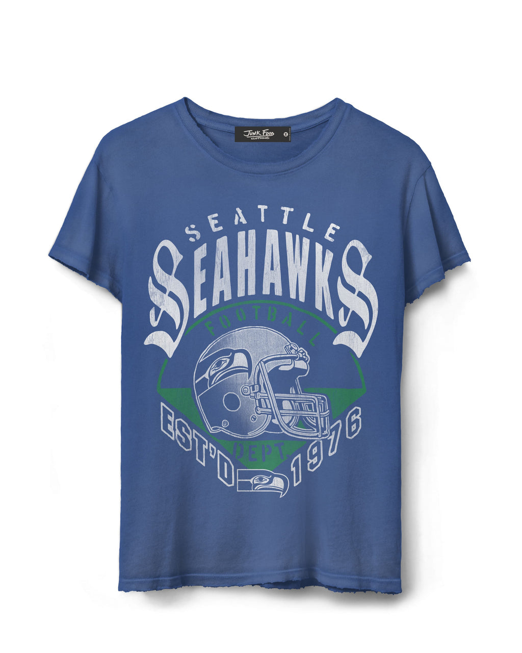A blue short-sleeve crewneck t-shirt featuring a distressed Seattle Seahawks graphic on the front, including a football helmet and the team name in white and green.