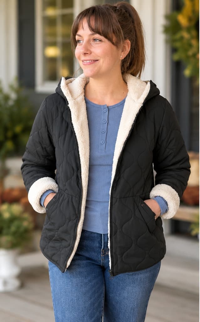 A woman wearing a black quilted jacket with a cream sherpa-lined hood and cuffs, layered over a blue henley top and blue jeans, standing on a porch.