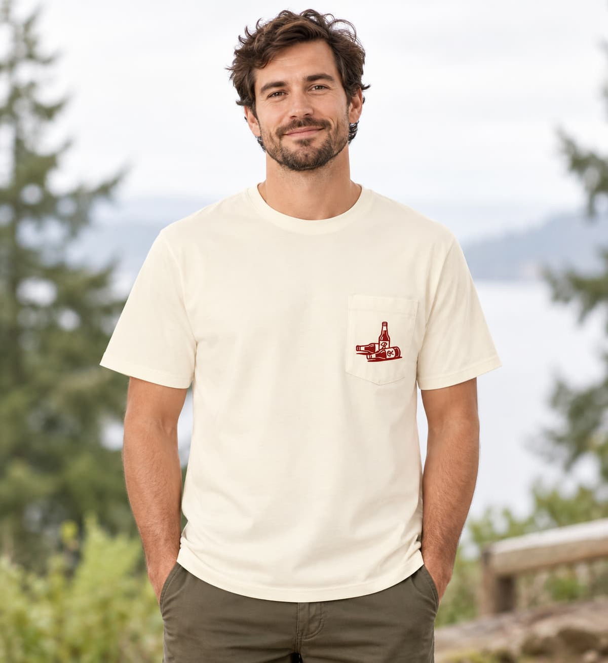 A man wearing a cream-colored short-sleeve pocket t-shirt with a red and white graphic on the chest pocket, set against a blurred outdoor background of trees and water.