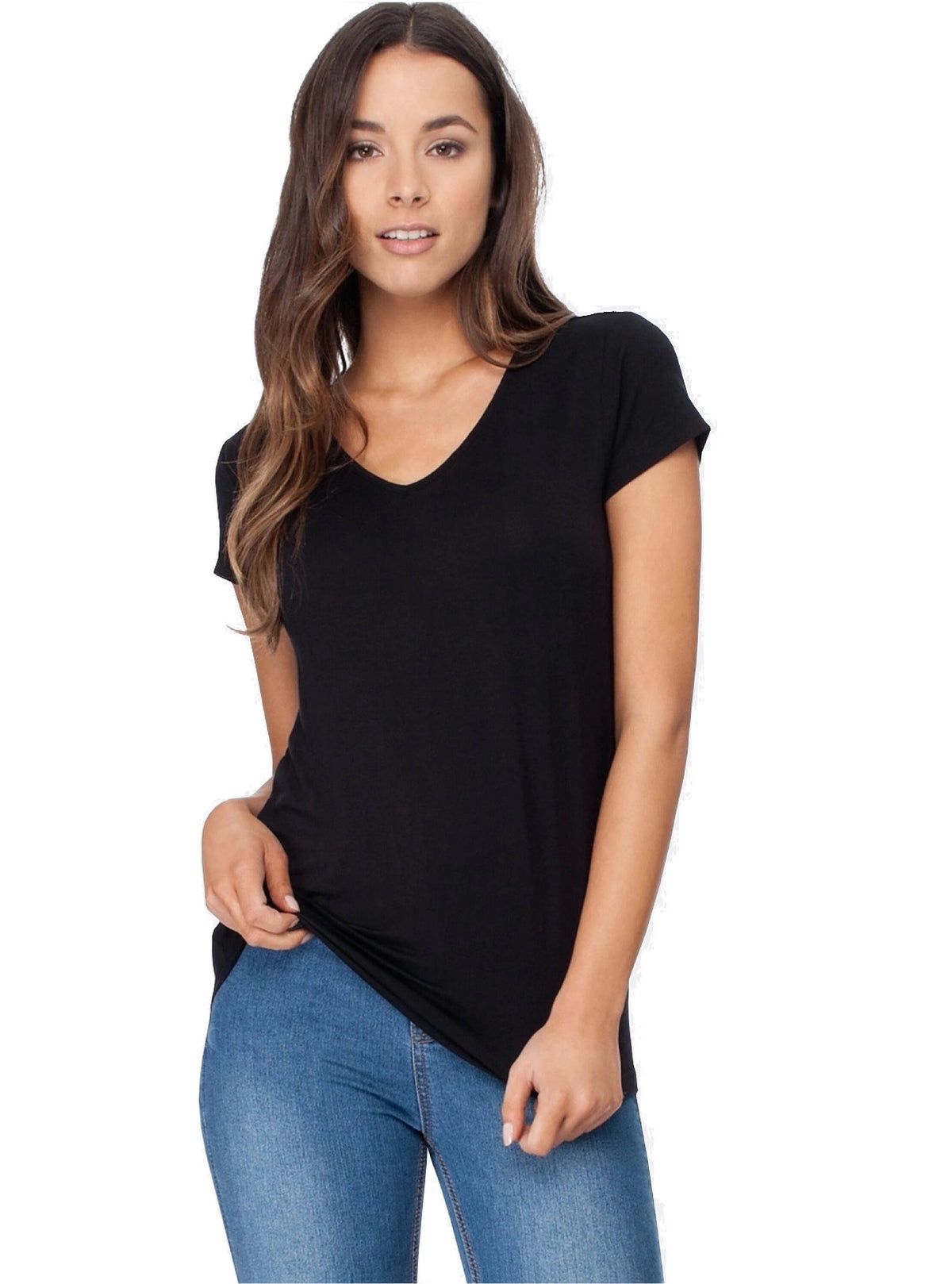 woman wearing Black V-Neck Tee