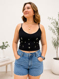 Black Daisy Embroidered Ribbed Lettuce Edge Brami