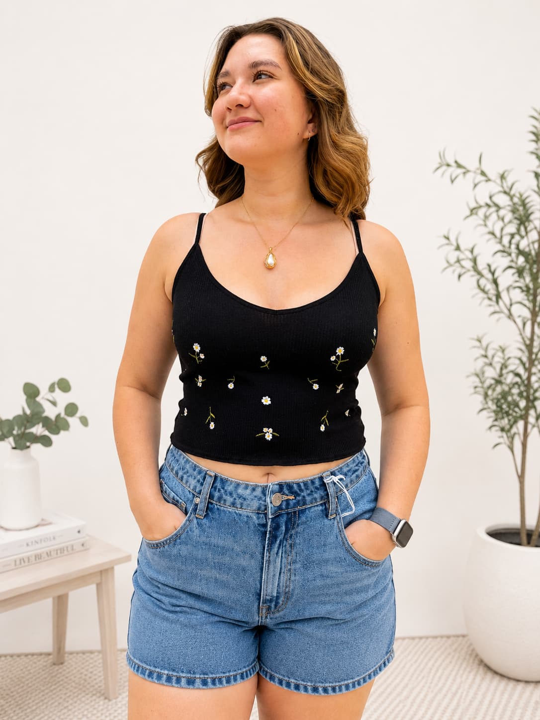 Black Daisy Embroidered Ribbed Lettuce Edge Brami