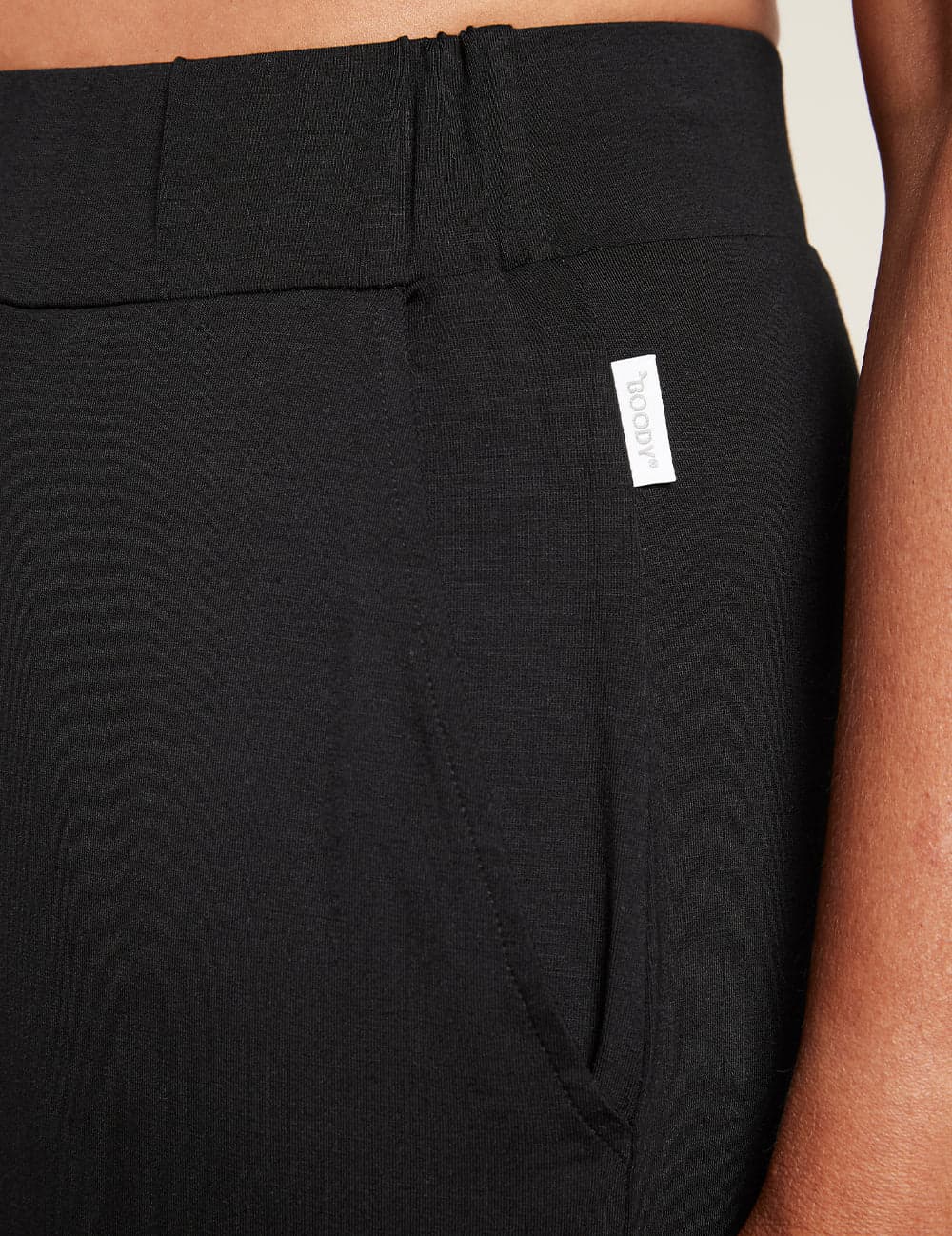 Close up detail of pocket and waist band with Boody tab tag.