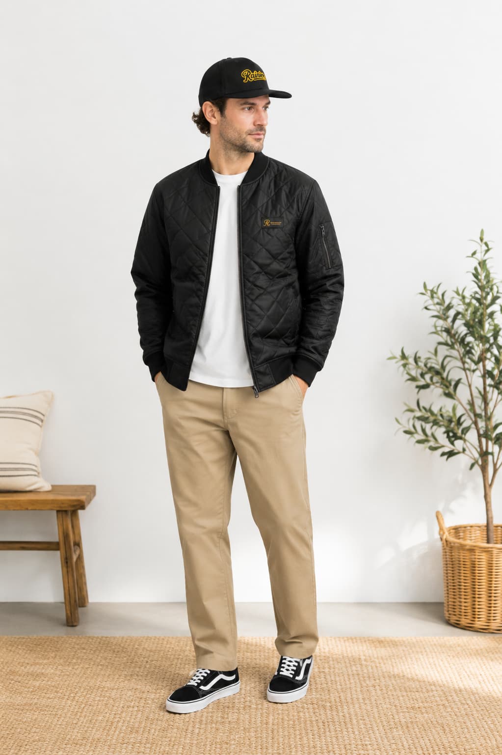 man wearing bomber jacket and hat