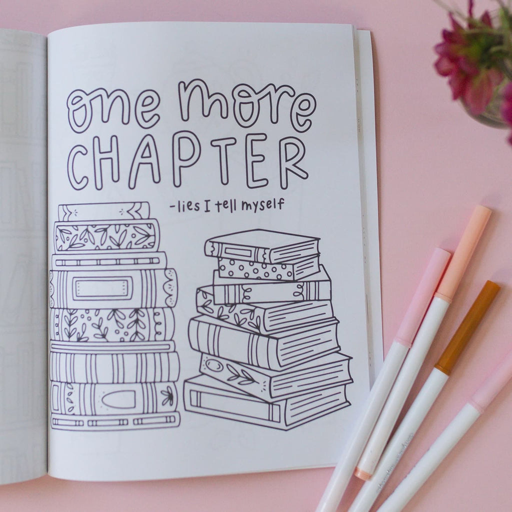 Open book with 'one more chapter' quote and stack of books illustration on a pink background with coloring pencils.