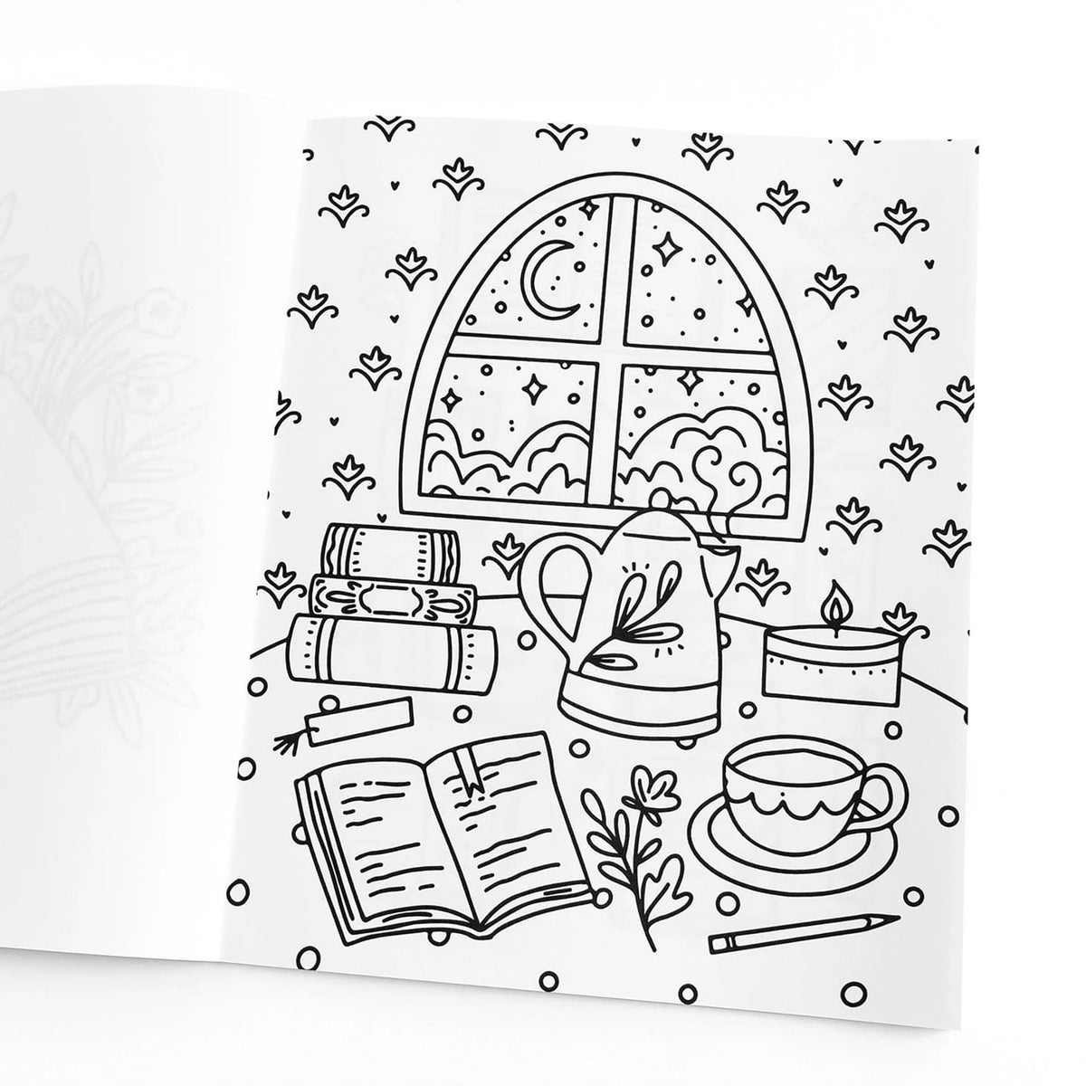 A black and white line art coloring page featuring a cozy night scene with a window, moon, stars, books, kettle, candle, open book, cup of tea, and small decorative motifs.