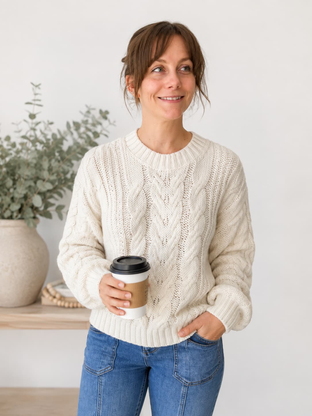 A woman wearing a cream cable-knit sweater and blue jeans, holding a paper coffee cup in a bright, modern room with a white wall and a potted plant in the background.
