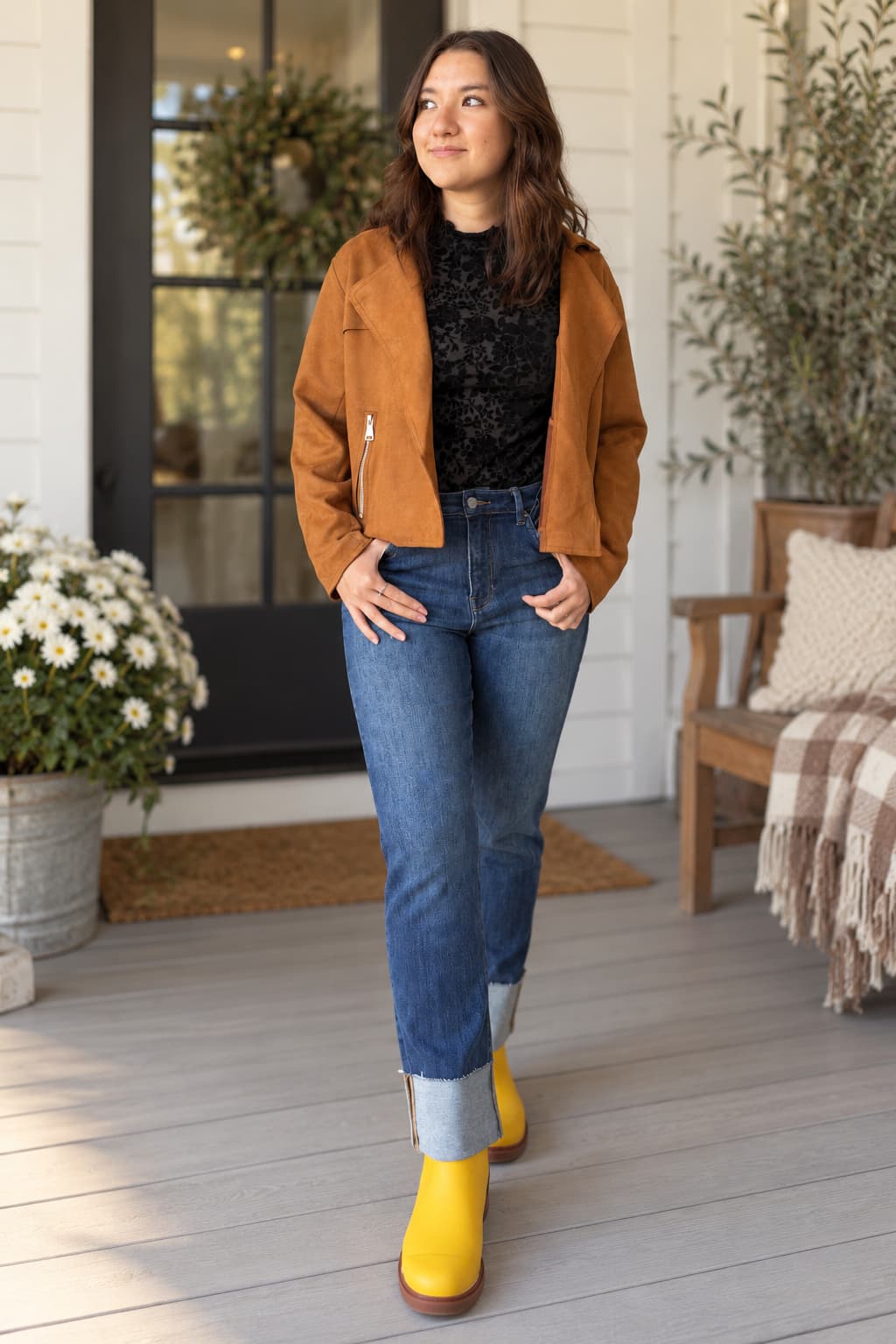 A woman stands on a porch wearing a brown suede jacket, black textured top, blue jeans, and bright yellow rain boots.
