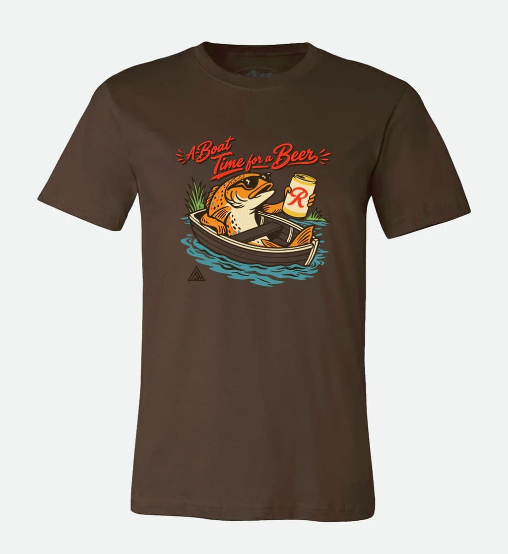 Graphic tee of a fish in a boat drinking a Rainier beer.