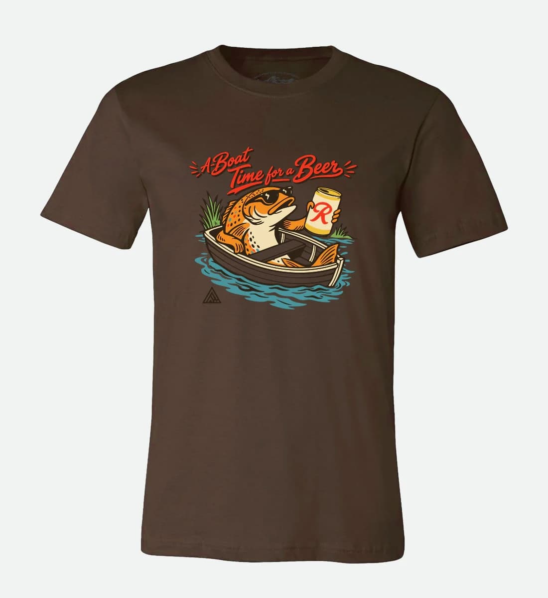Graphic tee of a fish in a boat drinking a Rainier beer.