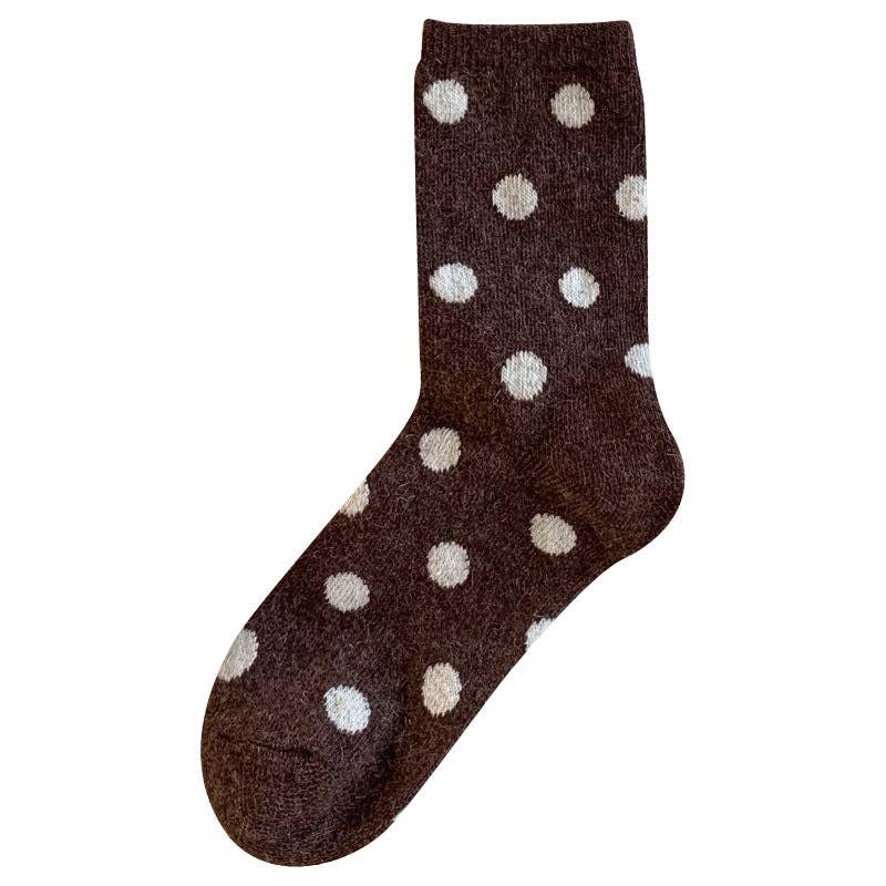 Brown sock with white polka dots on a white background